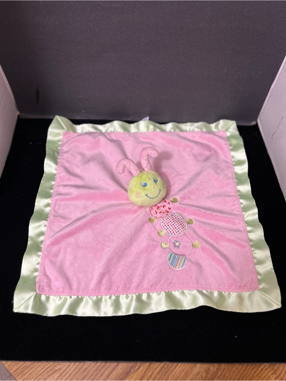 Pink Caterpillar Lovey Blankie with Green Trim